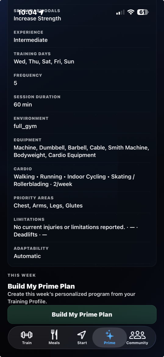 Prime workout plan setup